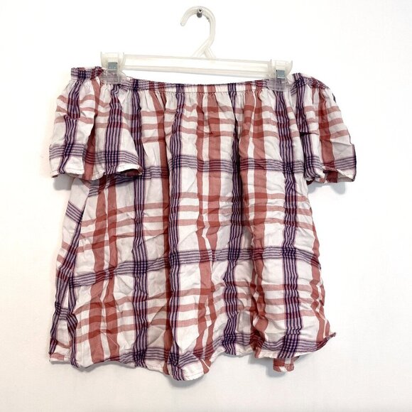 EXPRESS Plaid Off the Shoulder Blouse White Mauve Rose Pink Short Sleeve Summer - Picture 2 of 12